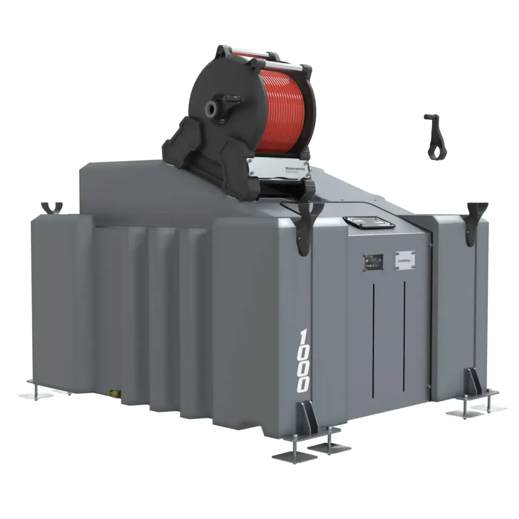 The 1 Man 1000L Window Cleaning Pole System (Delivery) with Manual Reel features a durable grey winch, red cable spool, stabilising feet, and hook—perfect for van mounting or pure water window cleaning tasks.