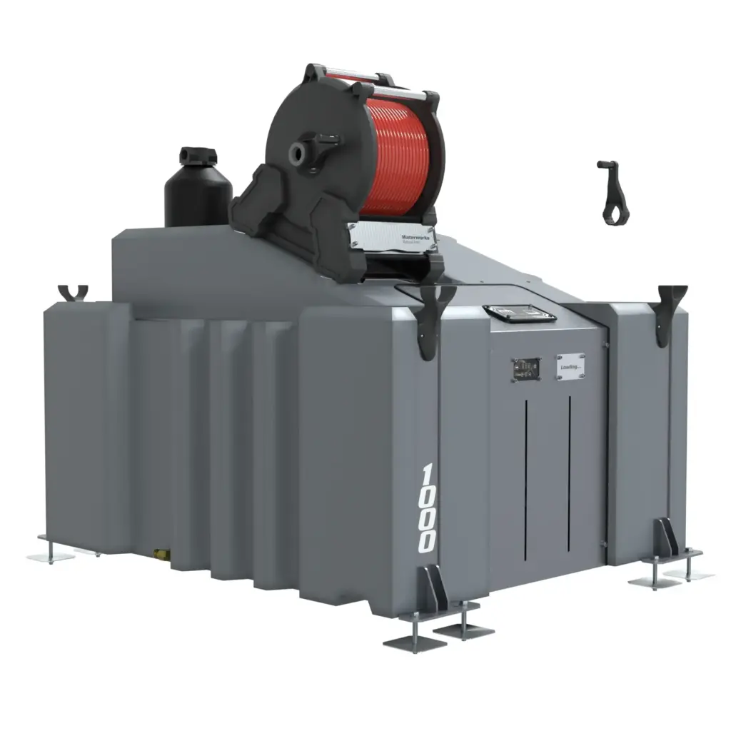 The 1 Man 1000L Van Mounted System (DI) features a grey industrial winch with a red manual hose reel, stabilising feet, and "1000" printed on the side, designed for advanced window cleaning as part of a van-mounted setup.
