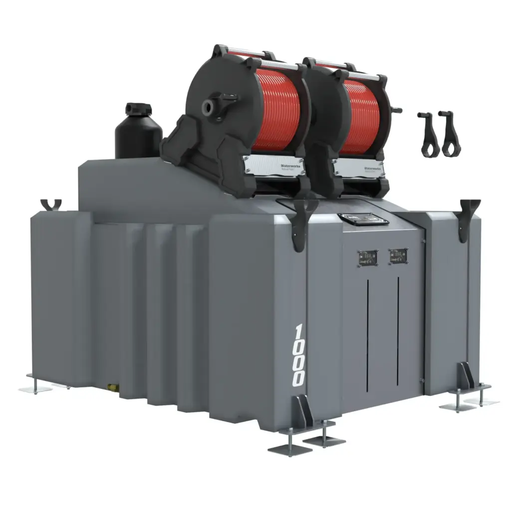 The 2 Man 1000L Buy Window Cleaning System (DI) with Manual Reels features two large red cable reels, side hooks, and is ideal for heavy-duty lifting or pulling in window cleaning or water fed pole system applications.