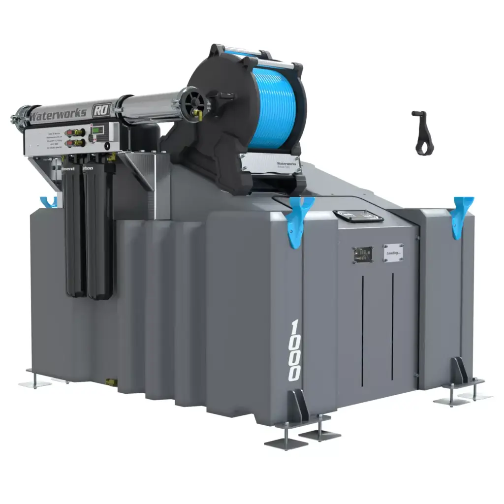 A large grey and blue 1 Man 1000L Water Fed Pole System (RO) with Manual Reel, a van-mounted pure water window cleaning machine, features a blue hose reel, control panel, sturdy base, and has a black handheld tool nearby.