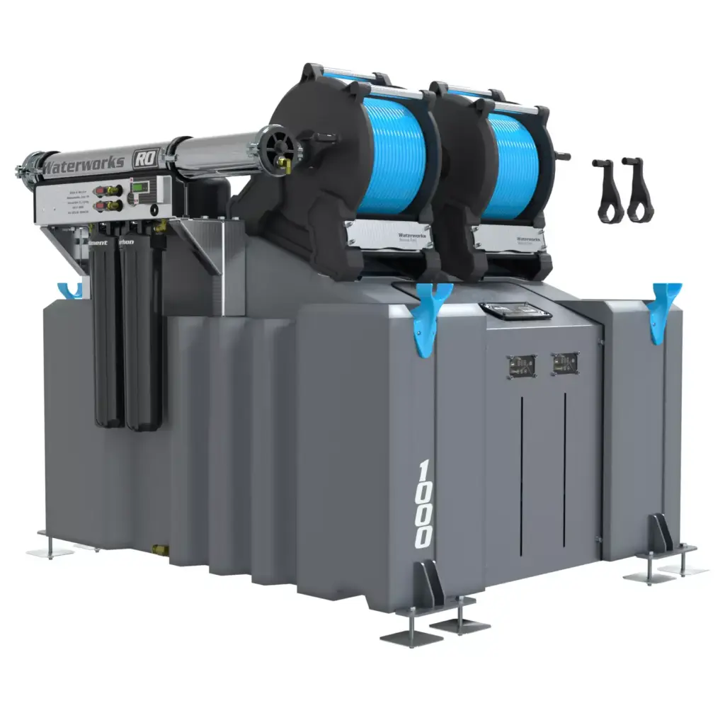 The 2 Man 1000L Window Cleaning Pole System (RO) with Manual Reels is a large grey industrial unit with two blue cable spools on top, control panels, handles, "1000" displayed on the front, designed for pure water window cleaning.