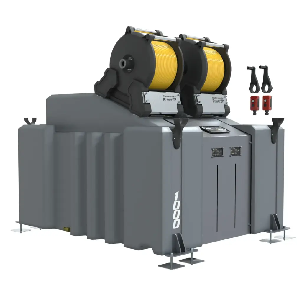 The 2 Man 1000L Window Cleaning Pole System (Delivery) with Electric Reels features a grey body, digital control panel, two yellow electric reels on top, and four stabilising feet for heavy-duty window cleaning operations.