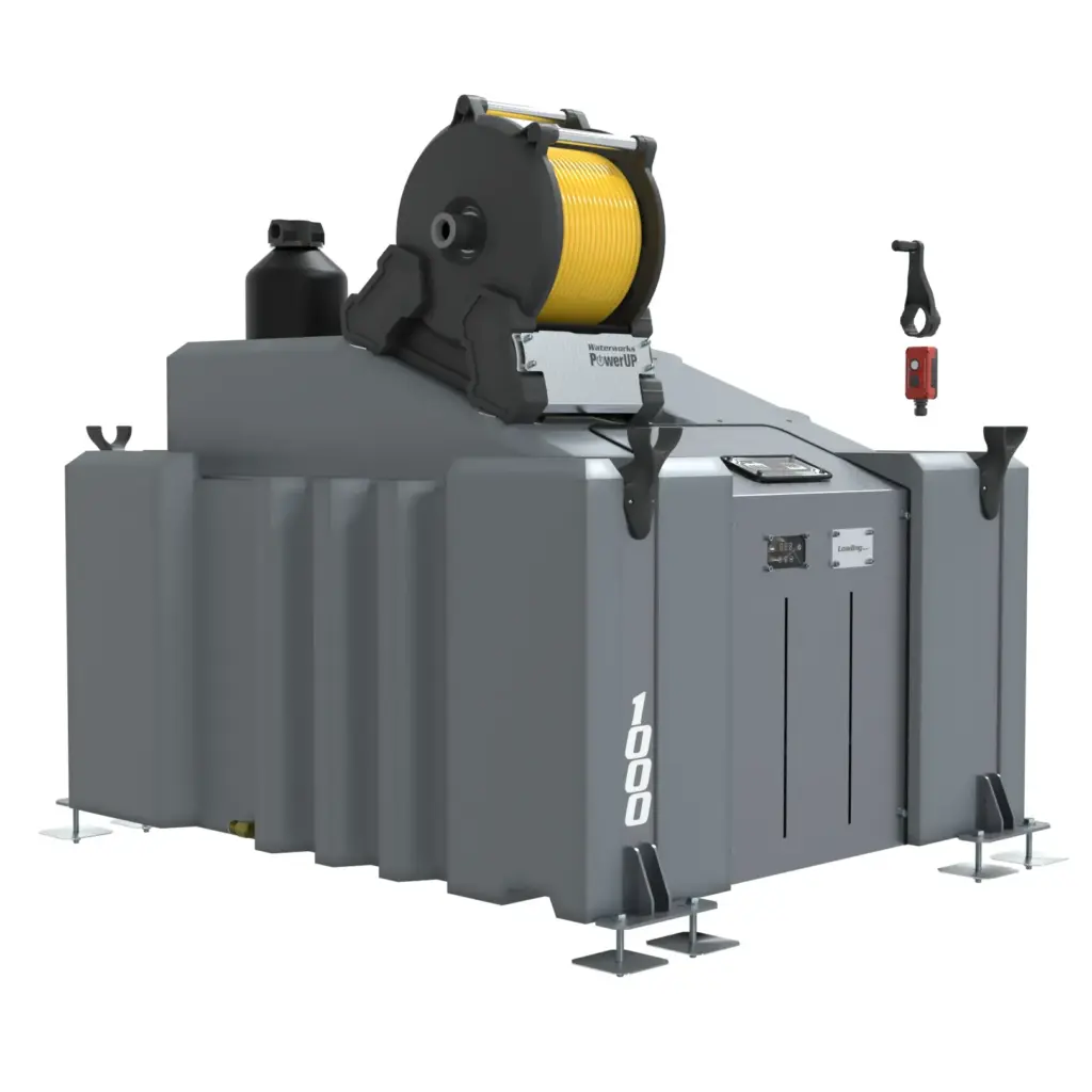 The 1 Man 1000L Van Mounted Systems (DI) with PowerUP Electric Reel is a large industrial winch with a yellow cable on a grey base, digital displays, control panels, stabilising feet, and "1000" marked on the base—ideal for van installation.
