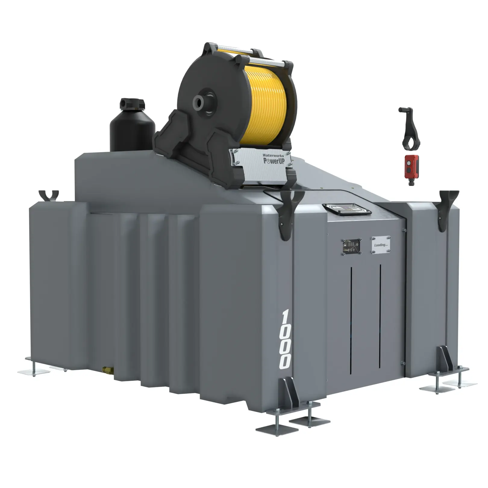 The 1 Man 1000L Van Mounted Systems (DI) with PowerUP Electric Reel is a large industrial winch with a yellow cable on a grey base, digital displays, control panels, stabilising feet, and "1000" marked on the base—ideal for van installation.