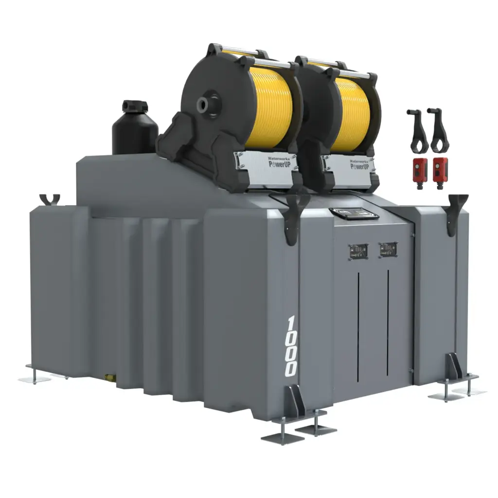 The 2 Man 1000L WFP System (DI) with PowerUP Electric Hose Reels features a large industrial grey winch, dual yellow cable spools, control panels, black handles, and red switches—ideal for integration with window cleaning or WFP systems.