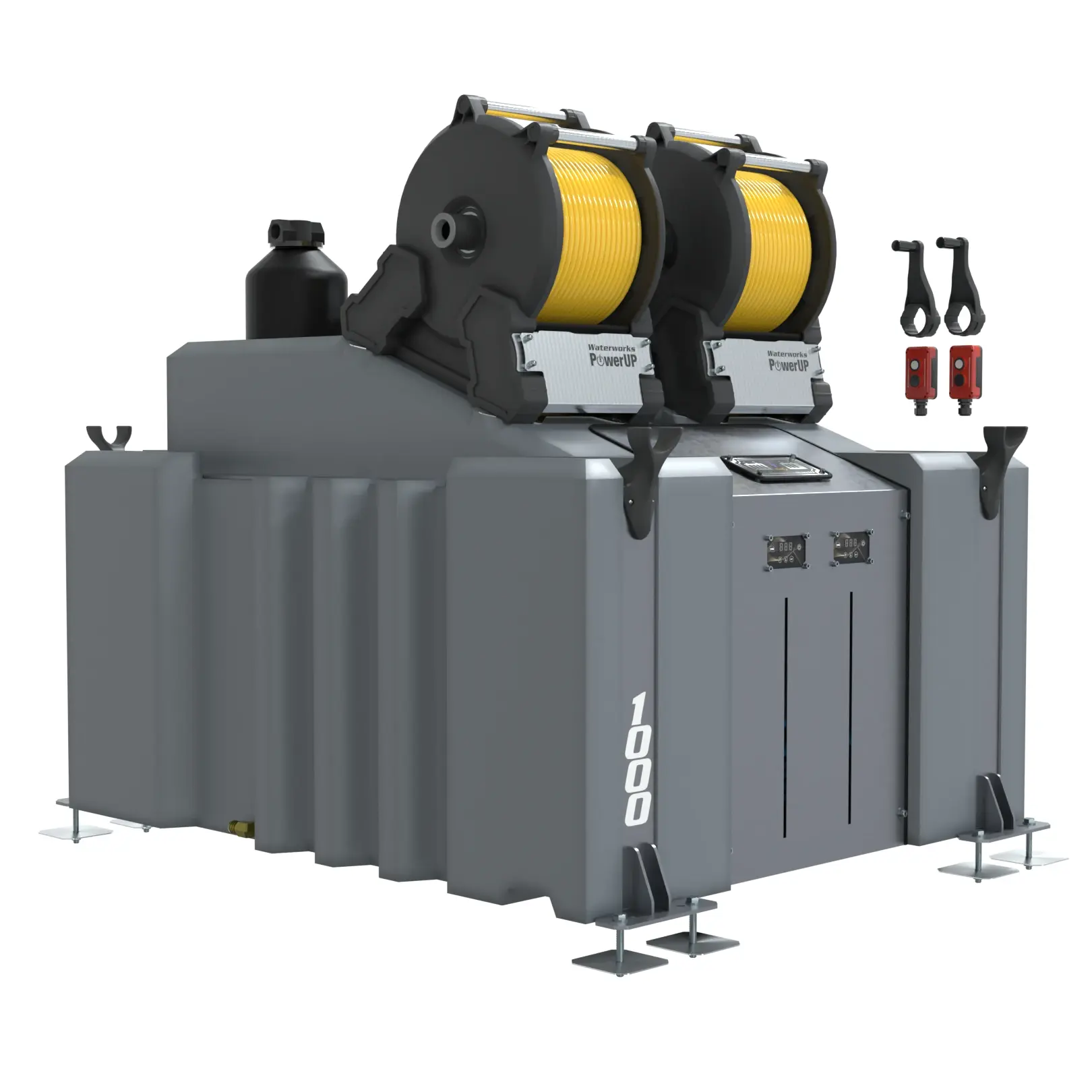 The 2 Man 1000L WFP System (DI) with PowerUP Electric Hose Reels features a large industrial grey winch, dual yellow cable spools, control panels, black handles, and red switches—ideal for integration with window cleaning or WFP systems.