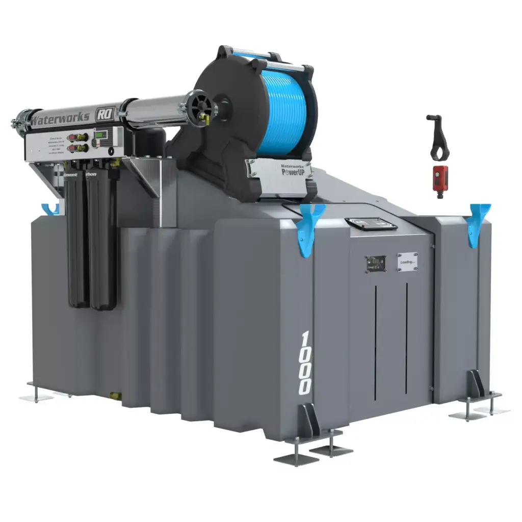 A large, industrial grey machine labelled 1 Man 1000L WFP System (Reverse Osmosis) with a PowerUP Electric Reel on top, metal supports at the base, control panels, and attachments, designed as a high-capacity van mounted window cleaning system.