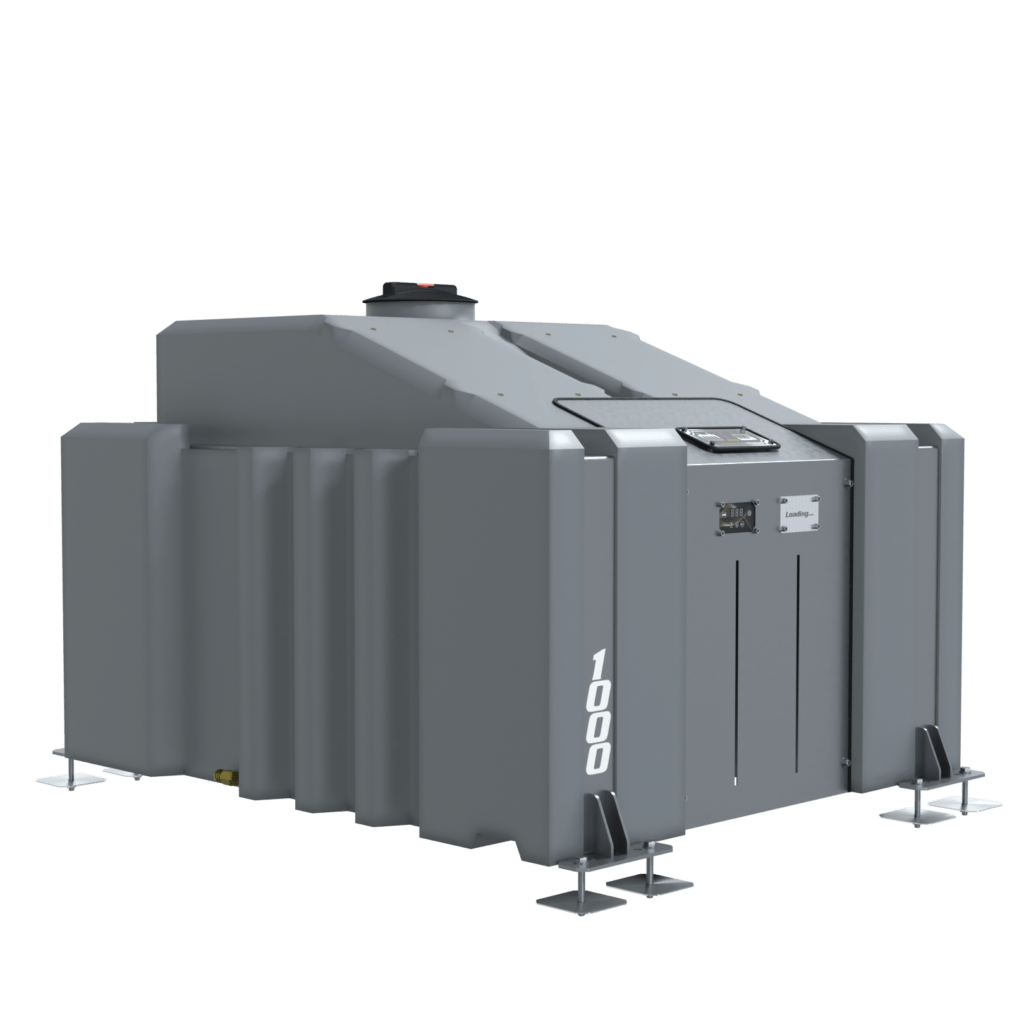 The 1000L Tank, Frame and Door Platform is a large grey ribbed storage tank for WFP or Van Mounted Systems, with metal supports, top hatch, digital display panel, and "1000" marked vertically on one side.