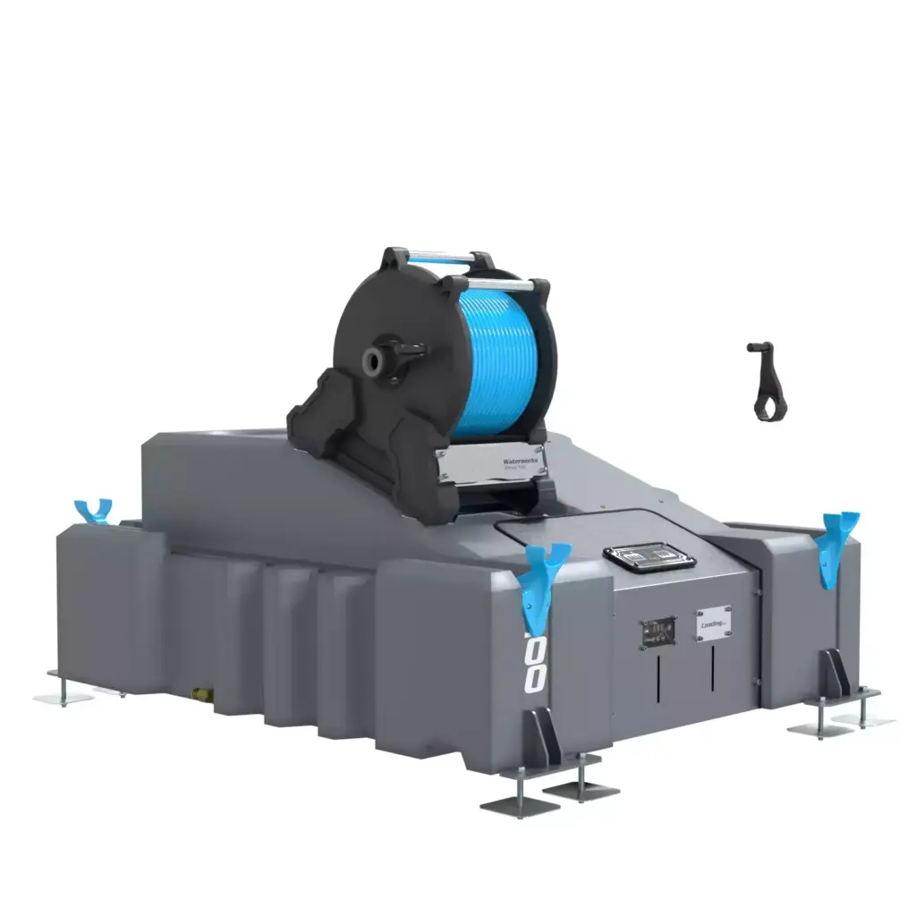 The 1 Man 500L Window Cleaning System (Delivery) with Manual Reel is a large grey unit with a blue hose spool, four metal stabiliser feet, and blue accents for industrial/outdoor use in water-fed pole window cleaning. Shown with a small black attachment.