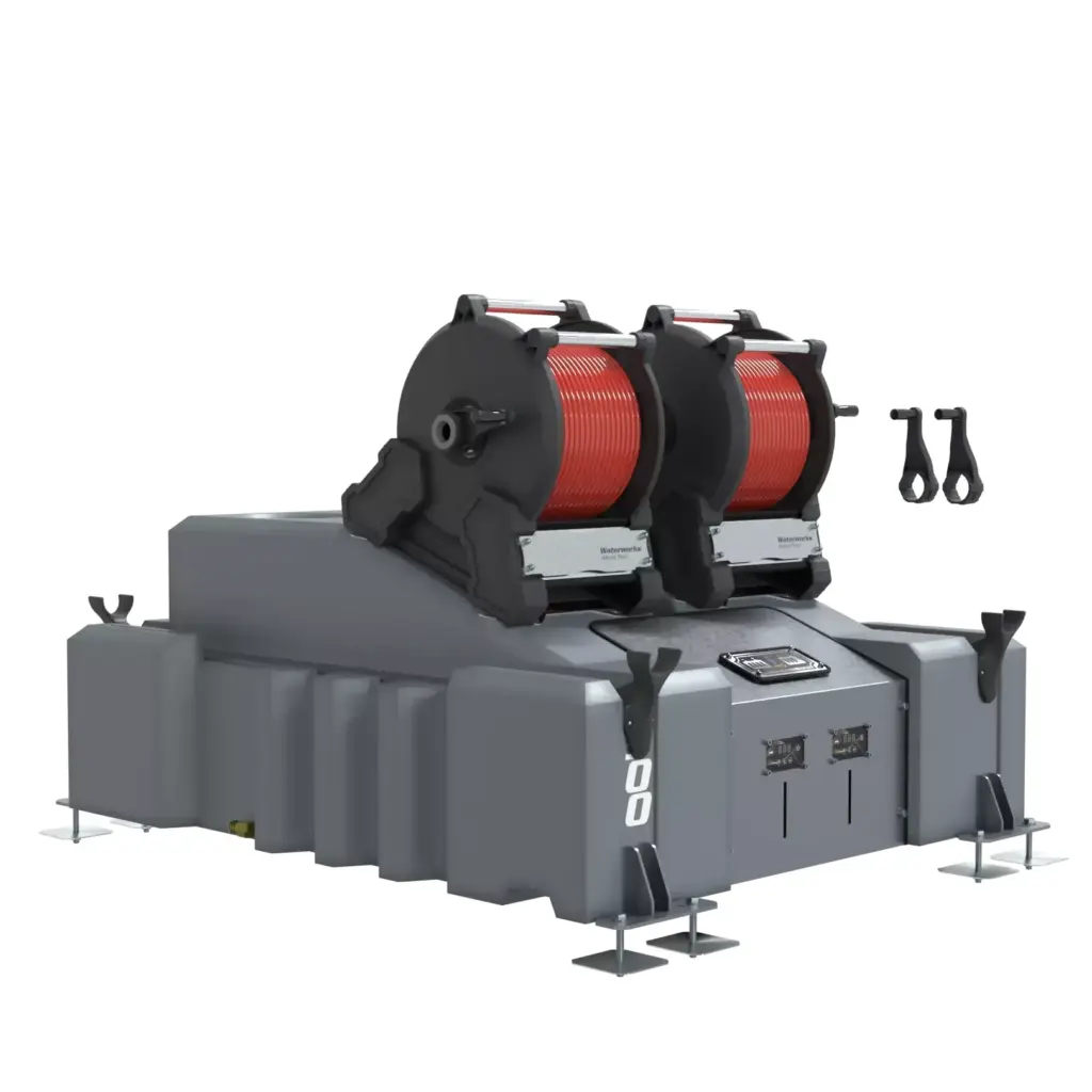 The 2 Man 500L Window Cleaning System (Delivery) with Manual Hose Reels features a large grey industrial build, twin red cylinders on top, a digital control panel, and two black detached parts—ideal for professional pure water window cleaning.