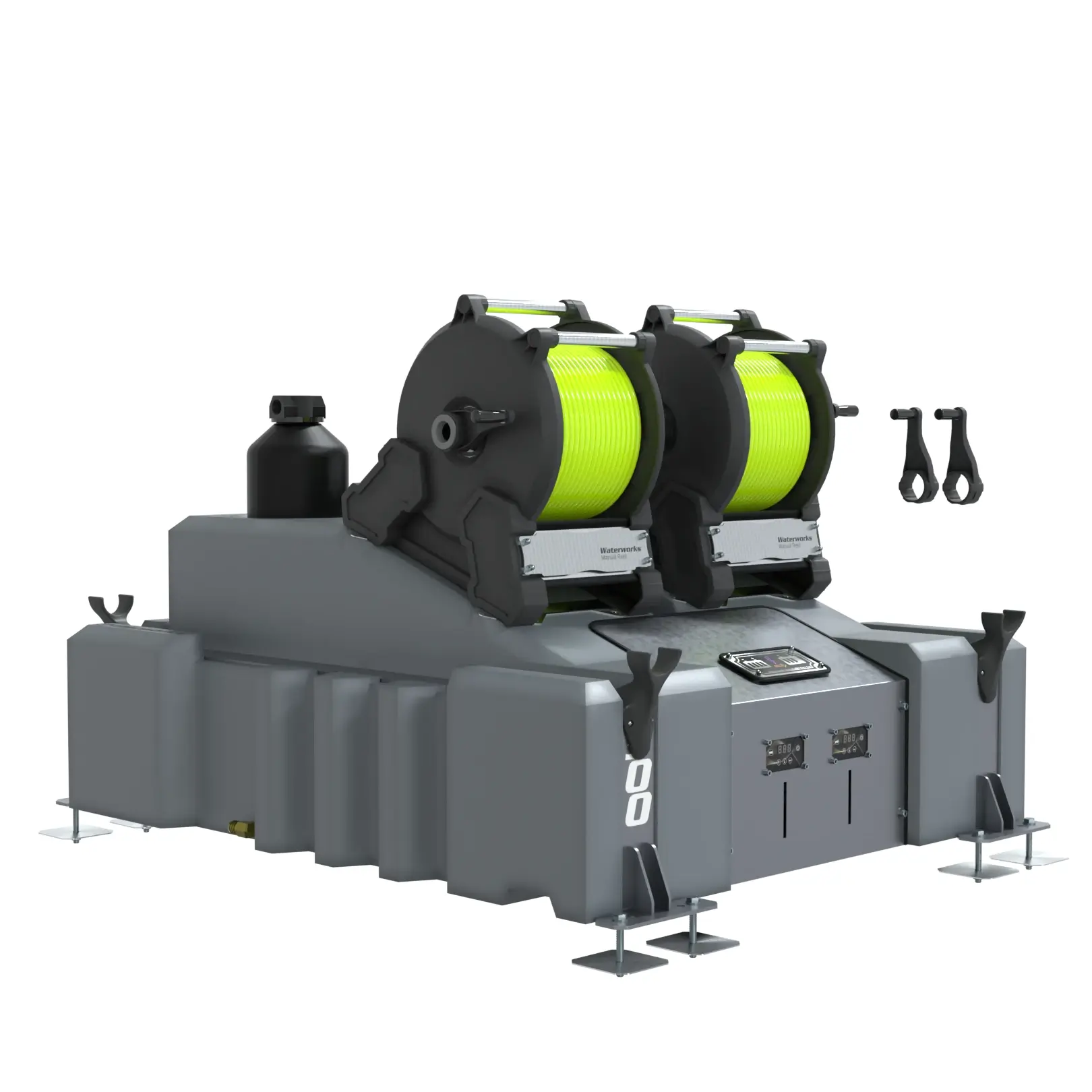 The 2 Man 500L Window Cleaning System (DI) with Manual Reels is a large industrial grey unit featuring two neon yellow cable reels, control panels, metallic anchors, and two separate black hooks shown on the right. Designed for heavy-duty pure water cleaning.