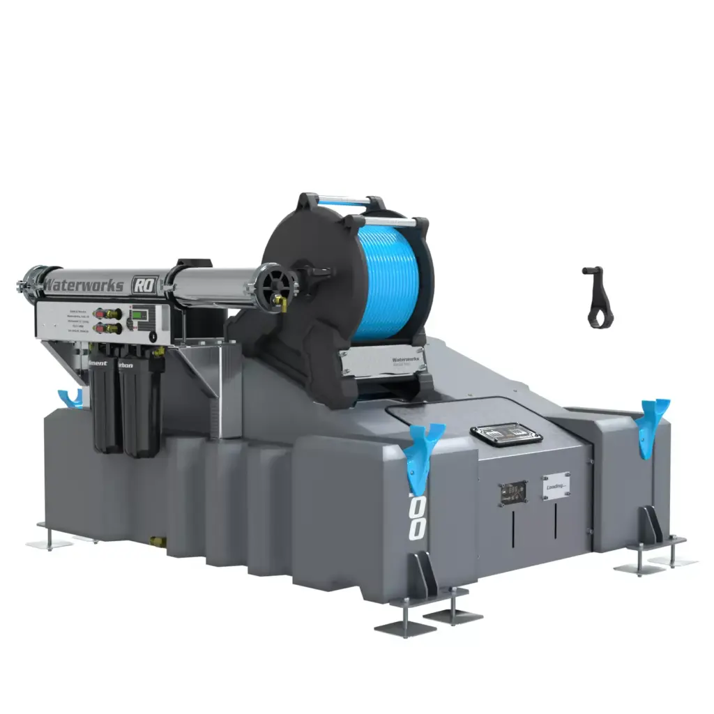 A large grey 1 Man 500L Pure Water Window Cleaning System (RO) with Manual Reel features control panels, metallic supports, a blue hose reel, and filters. Ideal for pure water window cleaning, with a detached black nozzle nearby.