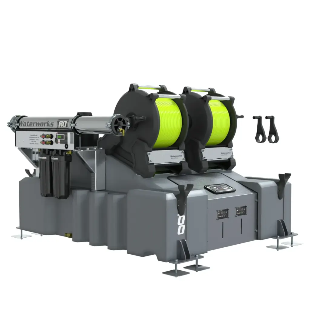 The 2 Man 500L Van Mounted System (RO) with Manual Reels features two bright yellow-green hose reels on a grey Waterworks RQ base, complete with control panels and connectors for efficient pure water window cleaning.