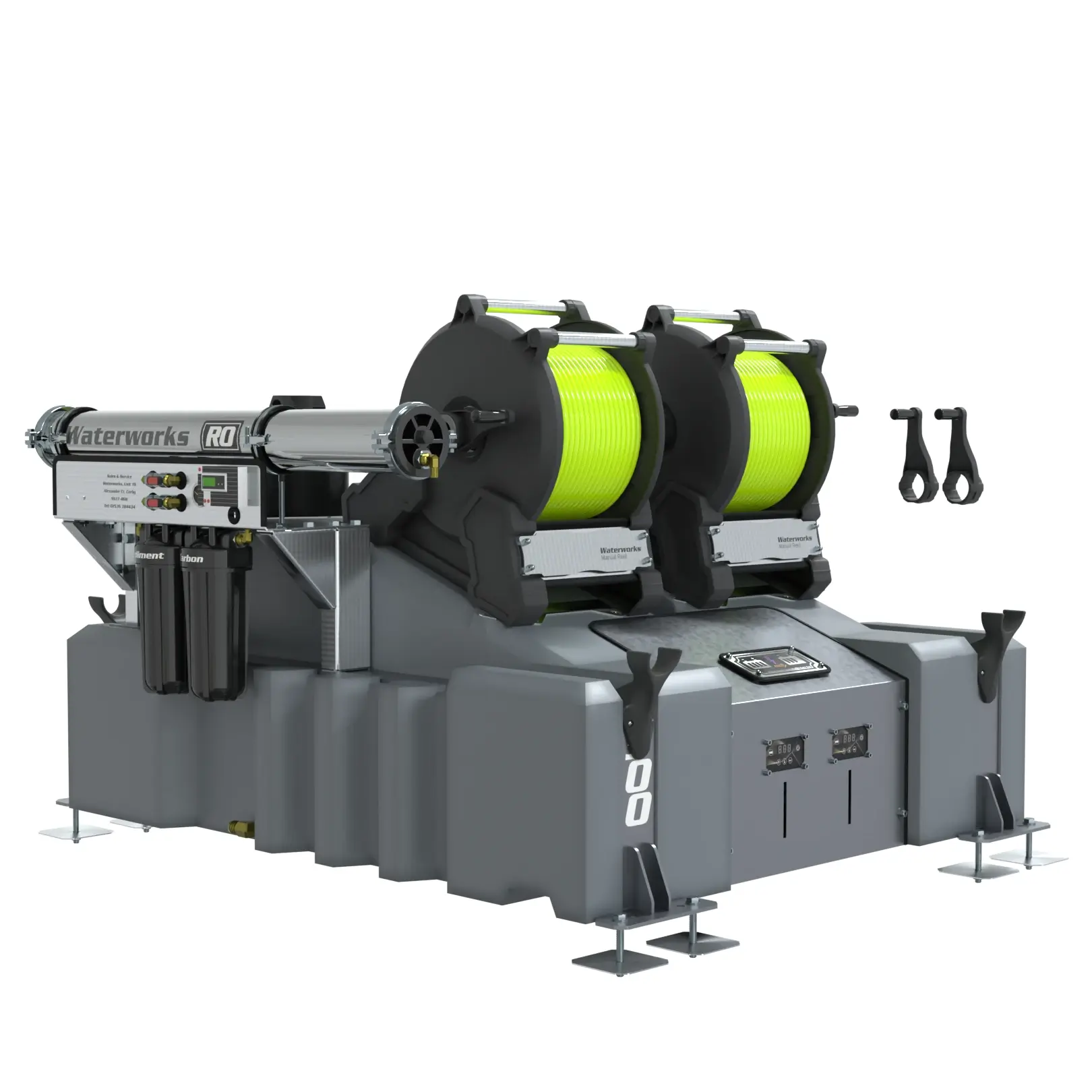 The 2 Man 500L Van Mounted System (RO) with Manual Reels features two bright yellow-green hose reels on a grey Waterworks RQ base, complete with control panels and connectors for efficient pure water window cleaning.