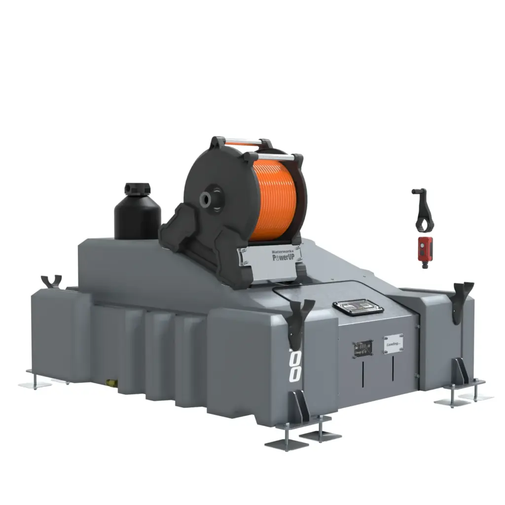 The 1 Man 500L Pure Water Window Cleaning System (DI) with Electric Reel is a robust grey unit featuring a digital display, metal stabilising feet, and mounted orange cable reel—ideal for van mounting in professional window cleaning.