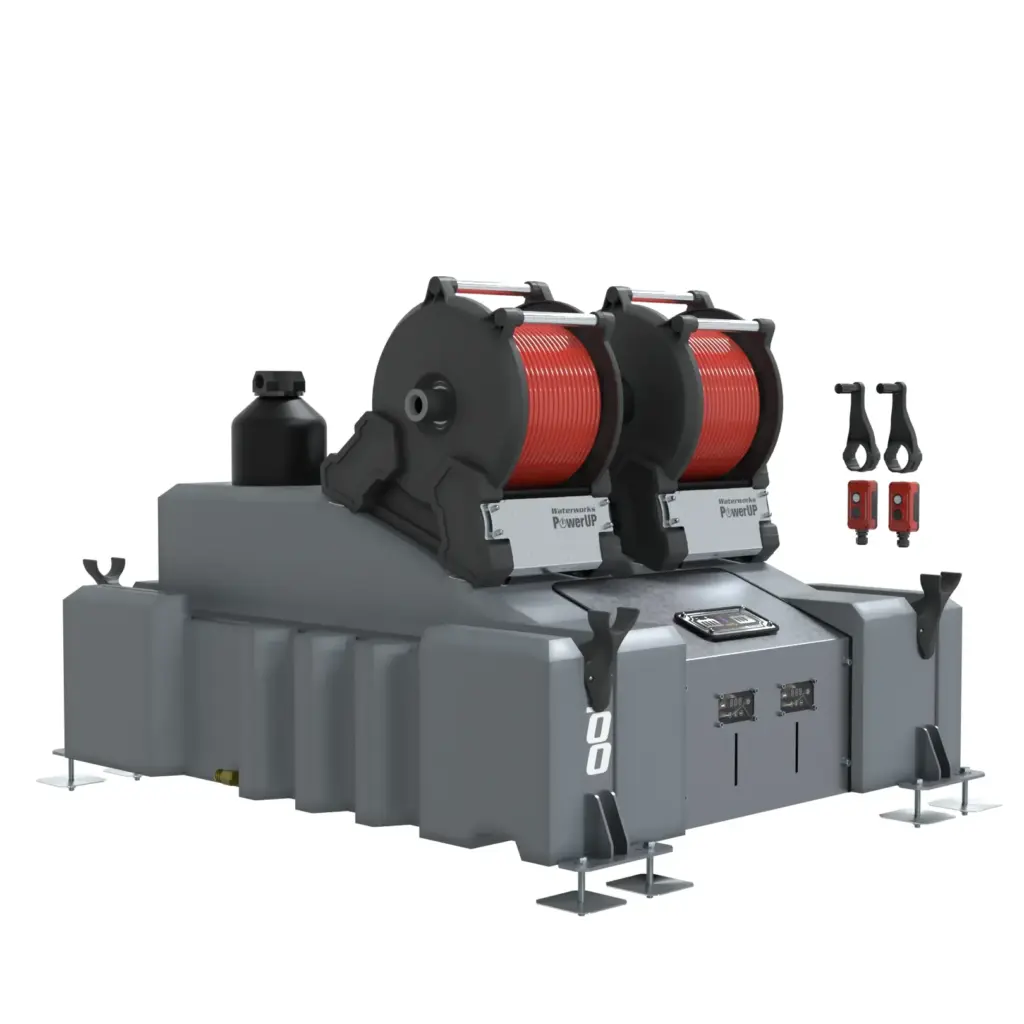 The 2 Man 500L Pure Water Window Cleaning System (DI) with Electric Reels is a large grey industrial unit labelled Power B, featuring two red cylinders on top, control panels, handles, and sturdy support at the base.
