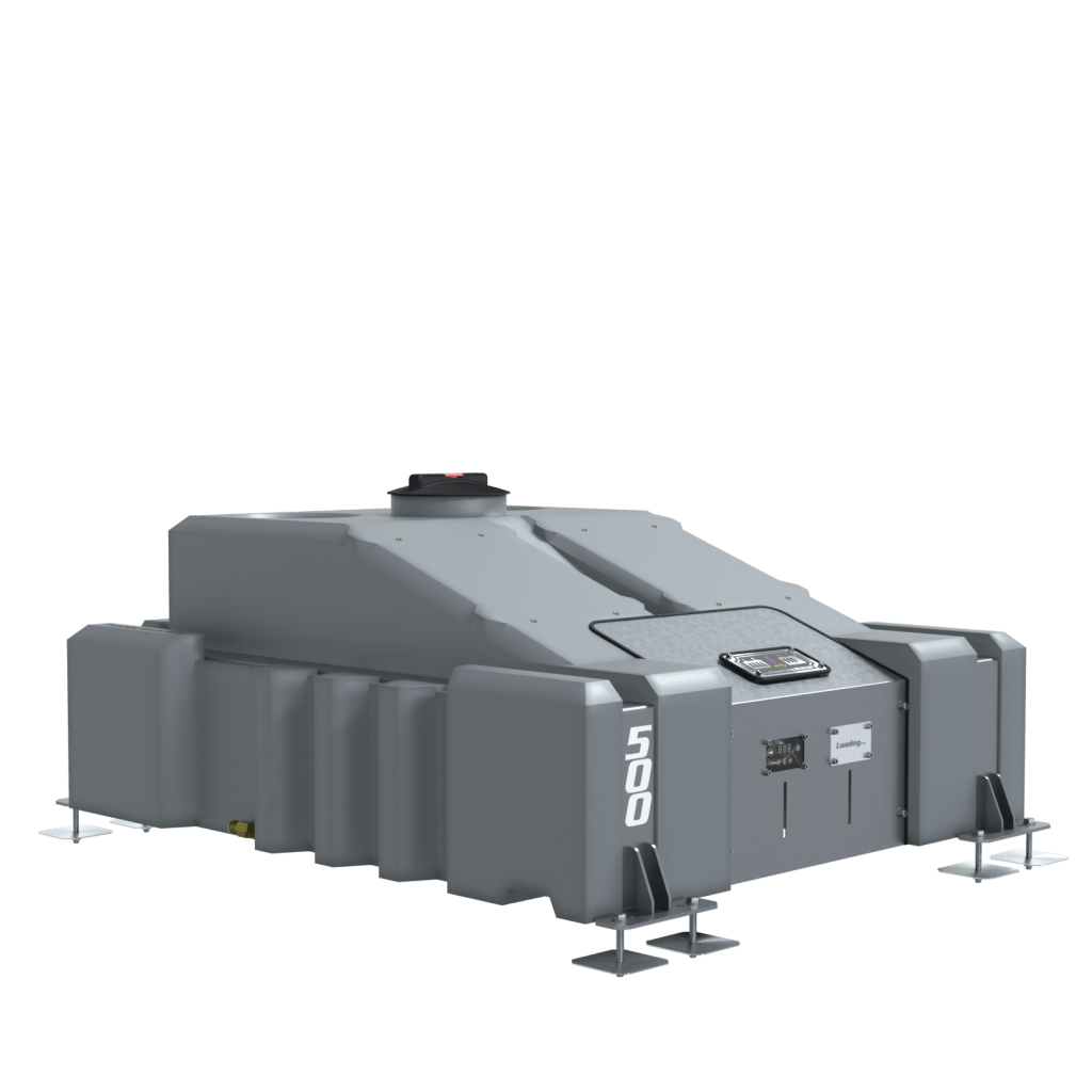 A large grey 500L Tank, Frame and Door Platform with a sloped top, control panel, and L500 label on the front, mounted on four metal supports against a white background.