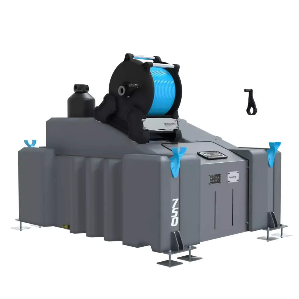 A large grey 1 Man 750L Water Fed Pole System (DI) with metallic feet, blue accents, digital control panel, and a blue manual hose reel on top; a small black tool is positioned nearby.