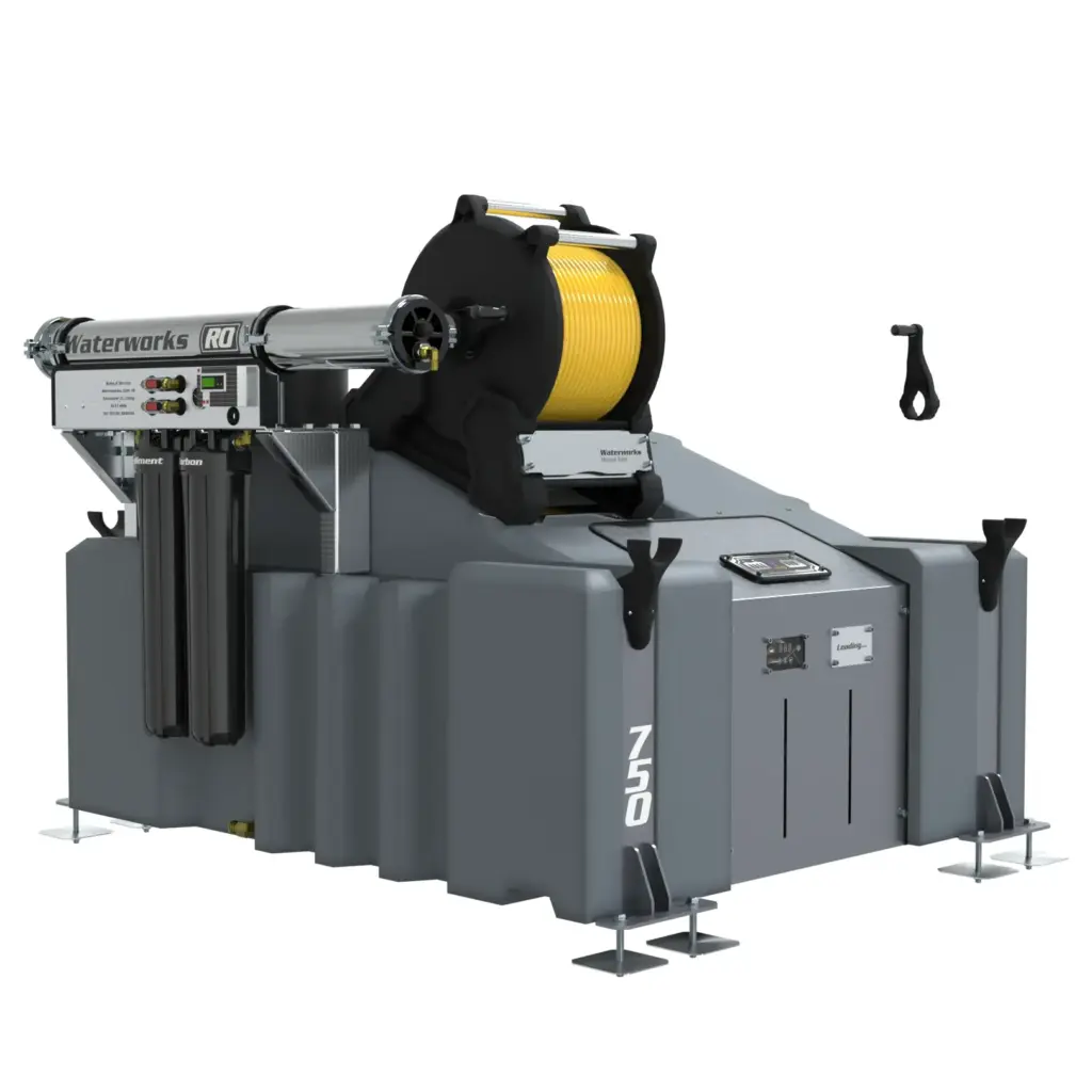 A large industrial grey 1 Man 750L Buy Window Cleaning System (RO) with a yellow manual hose reel, designed for pure water window cleaning. It features control panels, support legs, and various mechanical components.
