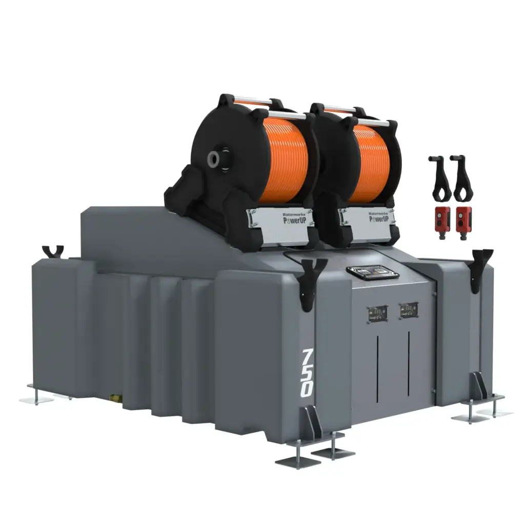 The 2 Man 750L Window Cleaning System (Delivery) with Electric Reels is a large, industrial grey unit featuring dual orange Power cable reels on top, multiple connection points and controls, and "750" displayed on the front. Designed for van mounting.