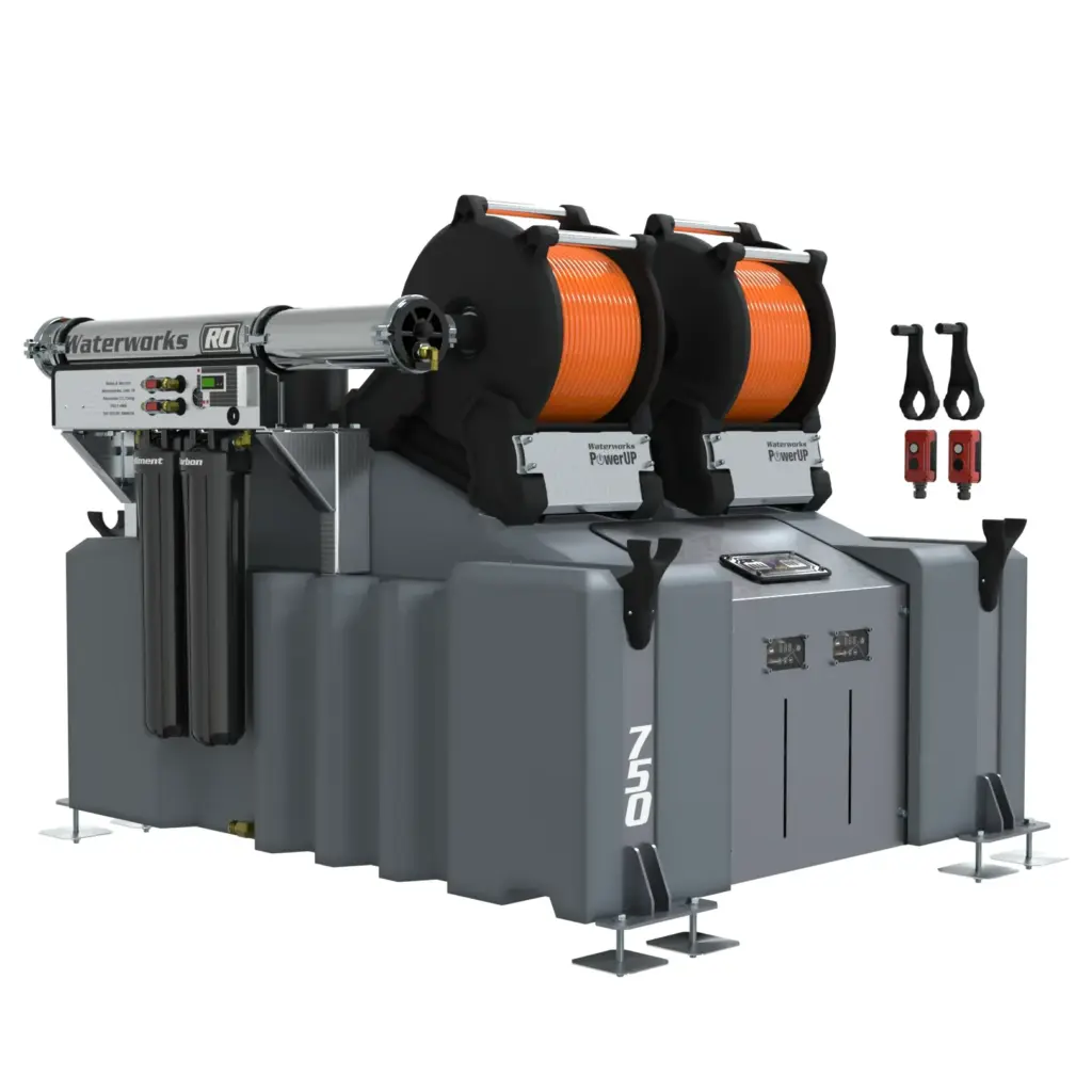 The 2 Man 750L Van Mounted System (RO) with Electric Reels is a large industrial grey unit with two orange cable reels, labelled Waterworks and 750, control panels, and mounted hoses—ideal for professional van-mounted pure water window cleaning.