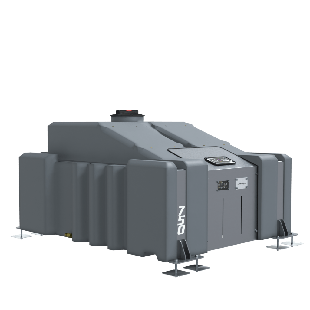 The 750L Tank, Frame and Door Platform features a large grey fuel storage tank with capacity label, control panels, and sturdy metal support feet—ideal for Van Mounted Systems—shown isolated on a white background.