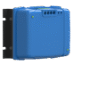 The Solid State B2B Intelligent Charger with Bluetooth by Victron is a blue rectangular device with rounded edges, mounted on a black vertical bracket, featuring multiple circular ports and green indicators on the front.