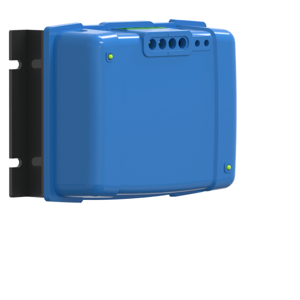 The Solid State B2B Intelligent Charger with Bluetooth by Victron is a blue rectangular device with rounded edges, mounted on a black vertical bracket, featuring multiple circular ports and green indicators on the front.