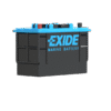 A black and blue 12v Exide Leisure Battery with labelled terminals and "EXIDE MARINE BATTERY" in bright blue on the side, shown on a white background—ideal for powering your Van Mounted Window Cleaning System.