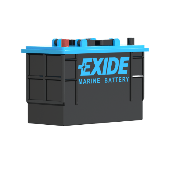 A black and blue 12v Exide Leisure Battery with labelled terminals and "EXIDE MARINE BATTERY" in bright blue on the side, shown on a white background—ideal for powering your Van Mounted Window Cleaning System.