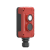 The PowerUP Push Button is a red, rectangular industrial panel for Window Cleaning Systems, featuring vertically mounted white and black round buttons, a bottom threaded black connector, visible screws, and black side accents.