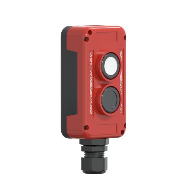 The PowerUP Push Button is a red, rectangular industrial panel for Window Cleaning Systems, featuring vertically mounted white and black round buttons, a bottom threaded black connector, visible screws, and black side accents.