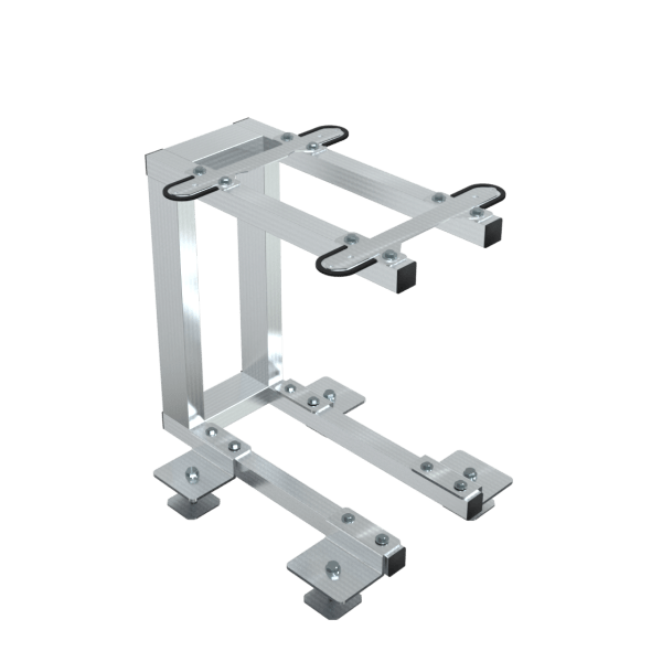 The Stainless Double Stacker Frame is a silver metal laptop stand with an open, minimalist design, two horizontal support arms, and corner rubber grips, shown against a white background.