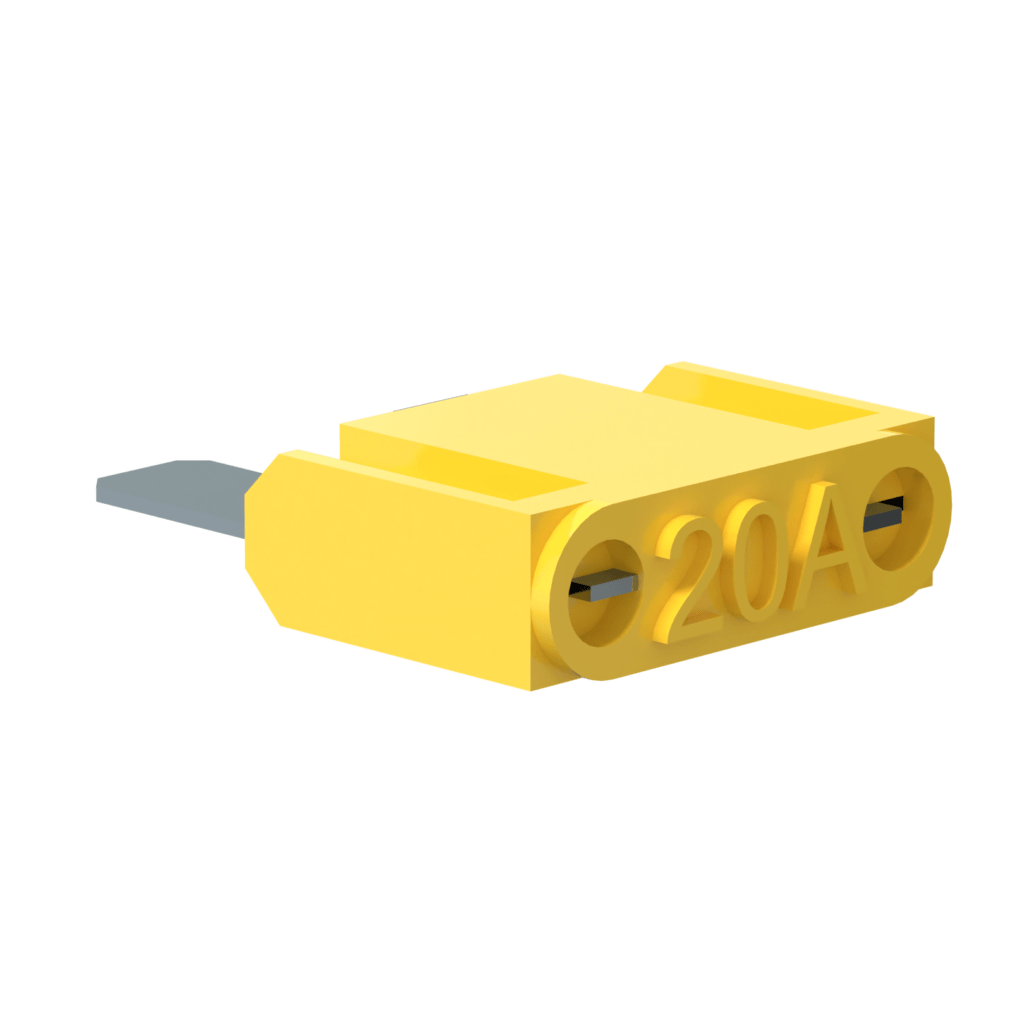 The New PowerUP 20a Maxi Fuse is a yellow automotive blade fuse labelled 20A with metal prongs, commonly used in van-mounted or pure water window cleaning systems, shown isolated on a white background.
