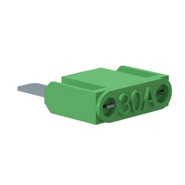 The PowerUP 3D 30a Maxi Fuse, a green automotive blade fuse with metal prongs, is perfect for Van Mounted or Water Fed Pole Systems and is shown against a plain white background.