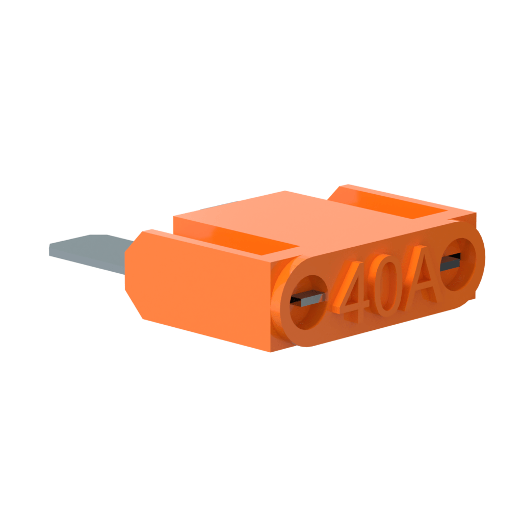 The PowerUP 3D 40a Maxi Fuse is an orange, rectangular blade fuse with "40A" embossed on top. Rated for 40 amps, it has flat metal prongs and is commonly used in Van Mounted or WFP Systems.