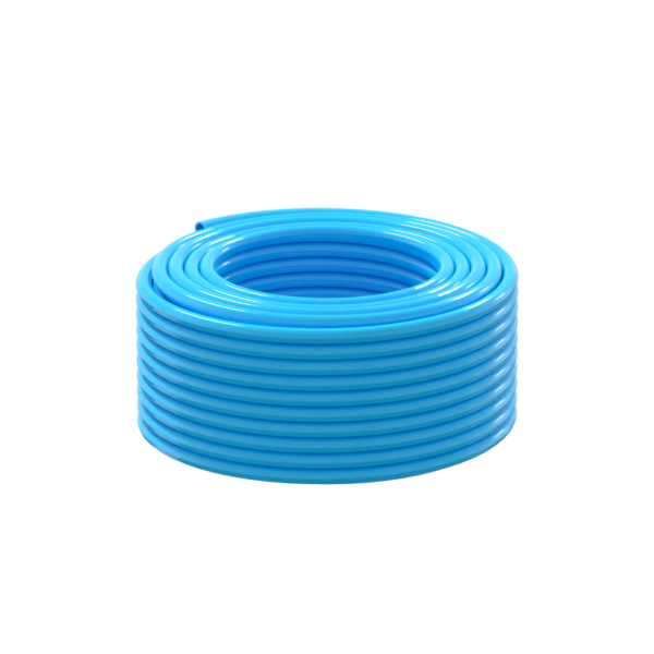 A neatly coiled Electric Blue Premium Microbore Hose 6.3mm x 100m, perfect for pure water window cleaning systems, displayed on a plain white background.
