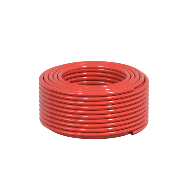 A Red Premium Microbore Hose 6.3mm x 100M, neatly coiled and bright red, is ideal for Water Fed Pole Systems and is displayed on a plain white background.