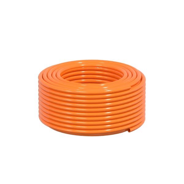 The Hi-Vis Orange Premium Microbore Hose 6.3mm x 100M, perfect for Van Mounted Systems, is shown coiled neatly on a plain white background.