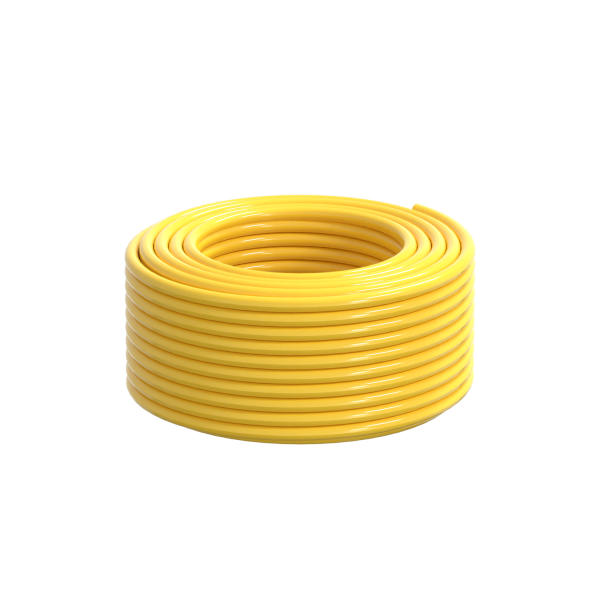 The Yellow Premium Microbore Hose 6.3mm x 100M is neatly coiled in a circular stack against a plain white background, ideal for pure water window cleaning systems.