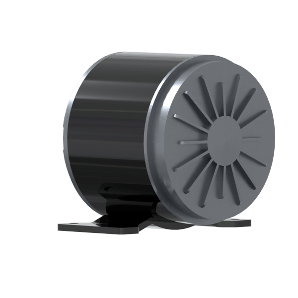 The PowerUP3D Motor with Belt Drive is a cylindrical, metallic electric motor with a vented front cover and flat base with two bolt holes, ideal for Van Mounted Window Cleaning Systems, shown against a plain white background.