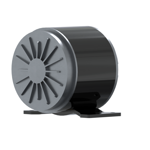 The New PowerUP Motor with Chain Drive, a metallic cylinder with a vented front plate for Van Mounted Systems, is shown on a flat black base against a plain white background.