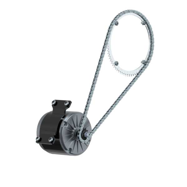 The New PowerUP Chain 6mm features a black motor housing on the left and a 6mm chain looping around one large and one small sprocket, all set against a white background, similar to van-mounted water-fed pole systems.
