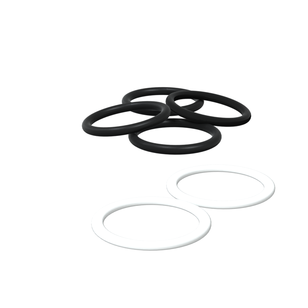 Five New PowerUP PTFE Nitrile O Rings—three black and two white—are shown on a plain light grey background. The black rings are grouped at the top, with the two white rings placed side by side below. Ideal for Pure Water Window Cleaning Systems.