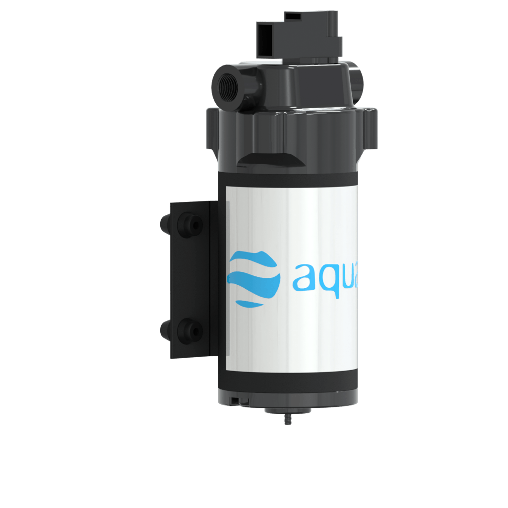 The 12V Aquatec Pump 100psi 6L/m, in black and silver, is wall-mounted with a blue aqua logo partially visible; designed for pure water window cleaning systems, shown against a plain white background.