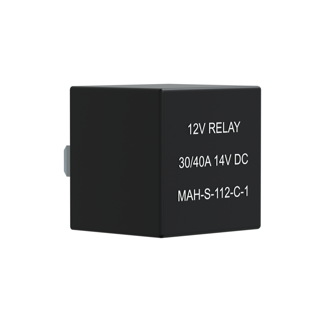 The PowerUP 12VDC 40a Relay, a black automotive relay with white labelling, is ideal for Window Cleaning Systems and is shown against a plain white background.