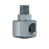 The PowerUP Stainless Rotary Union is a shiny metal pipe fitting with a large central body and threaded openings on the side, top, and bottom, designed for pure water window cleaning systems, shown against a plain white background.