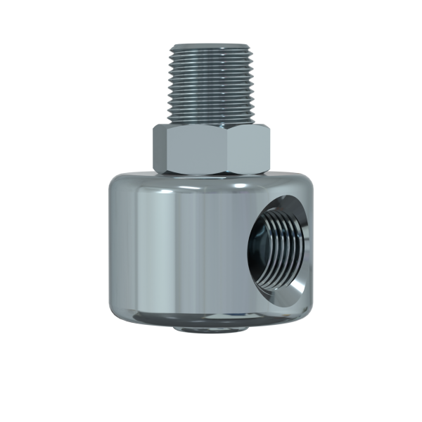 The PowerUP Stainless Rotary Union is a shiny metal pipe fitting with a large central body and threaded openings on the side, top, and bottom, designed for pure water window cleaning systems, shown against a plain white background.