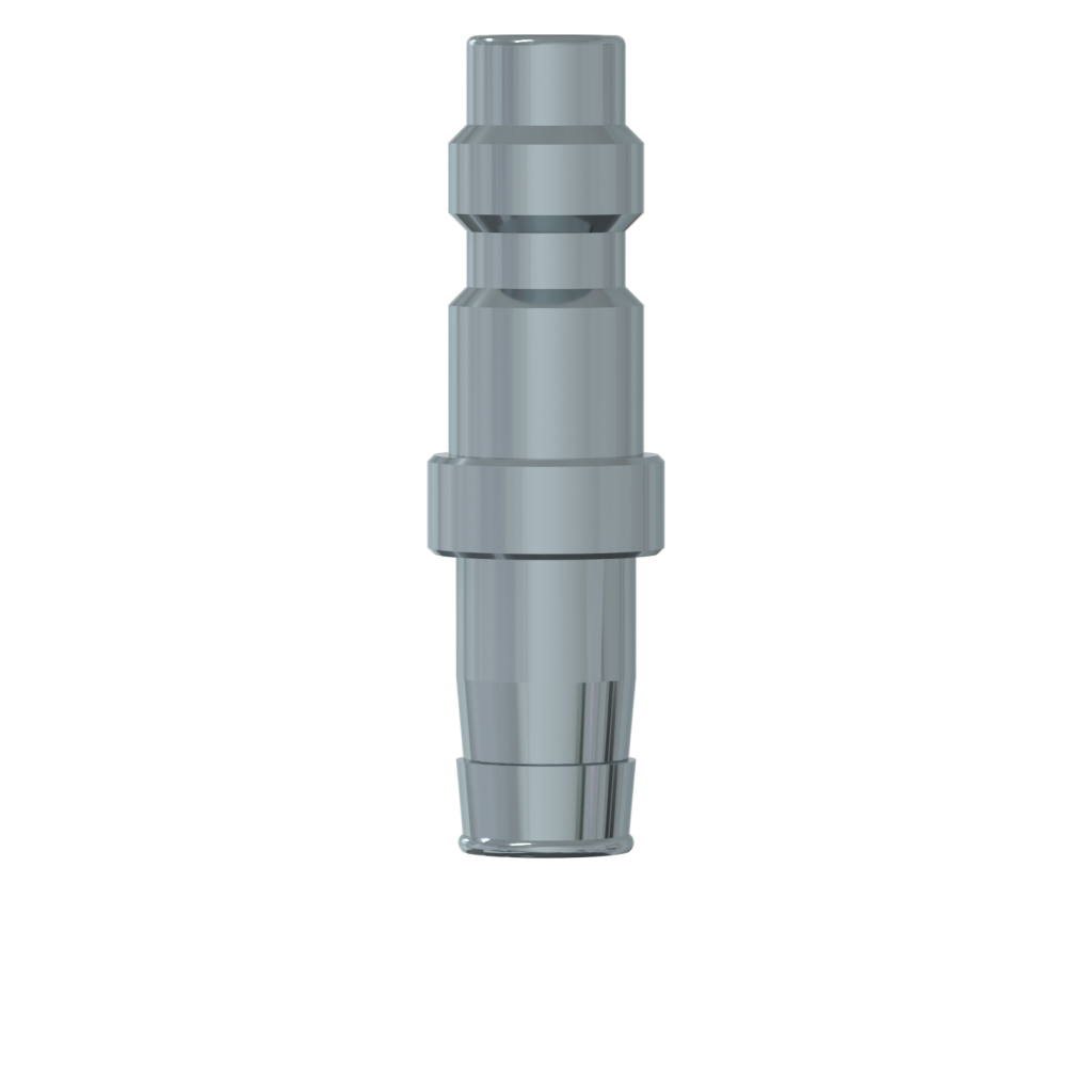 The PowerUP Series 26 Plug with 1/2" Hosetail, a metallic cylindrical component featuring multiple ridges and grooves, is vital for WFP or Pure Water window cleaning systems and is shown vertically against a plain white background.