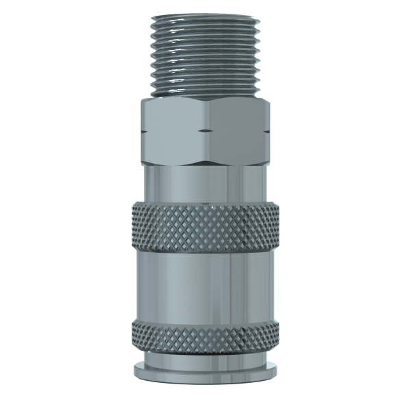 Close-up of the Series 26 Quick Release Coupling for PowerUP Rotary Union, featuring a metallic threaded top, hexagonal section, and knurled grip, designed for Water Fed Pole Systems. Shown against a plain white background.